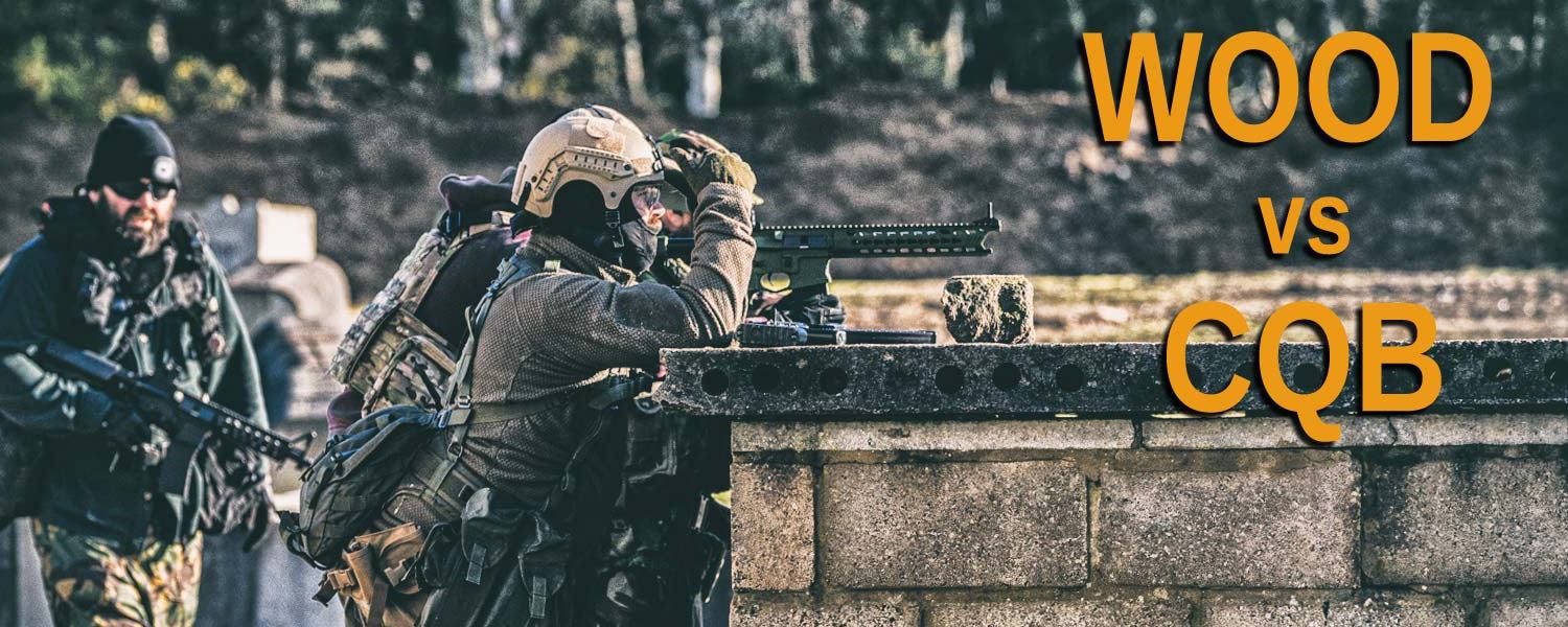 Airsoft players in a mixed woodland and CQB environment