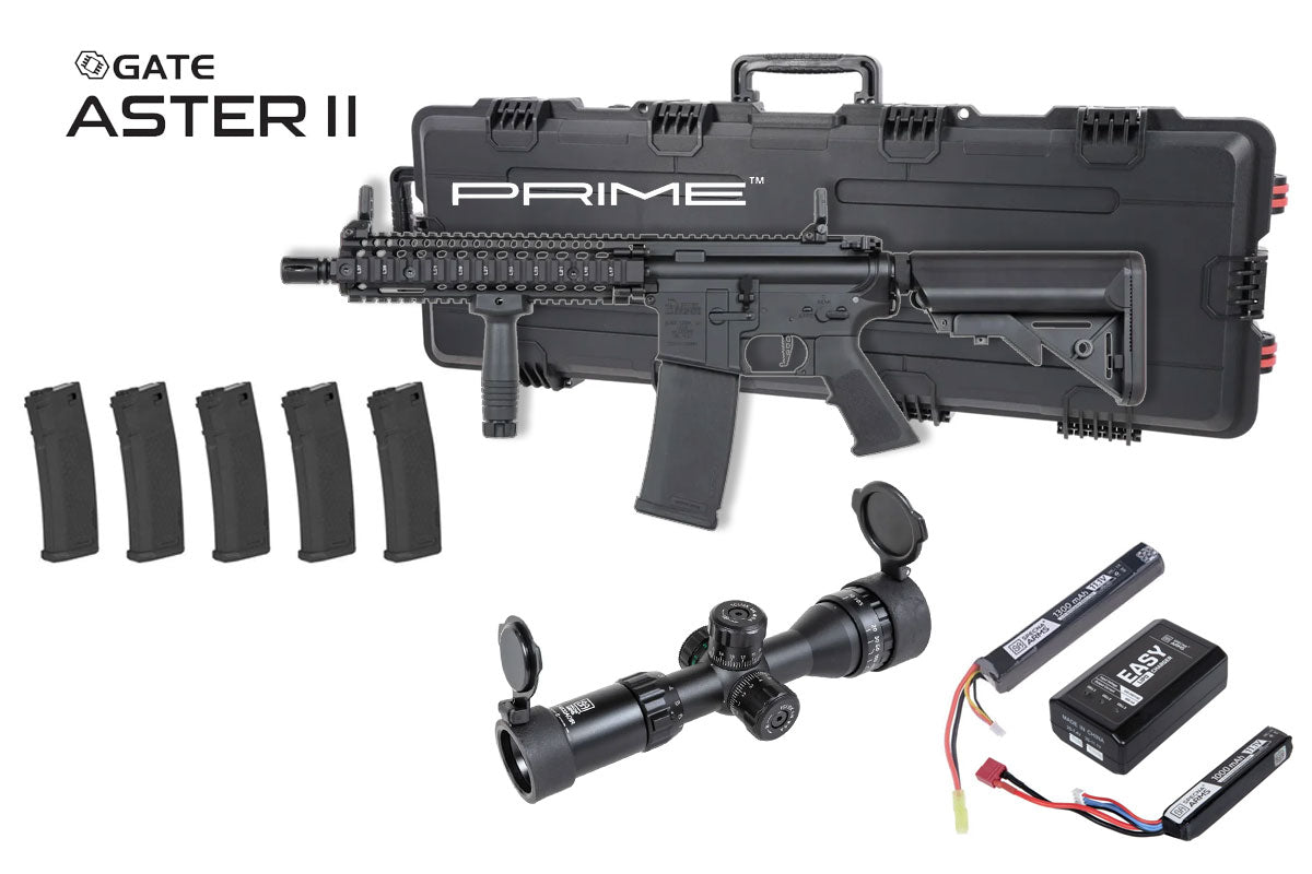 Specna Arms Daniel Defense MK18 SA-P19 Prime Premium Airsoft Bundle - Rifle, Optic, Batteries, Magazines and Case