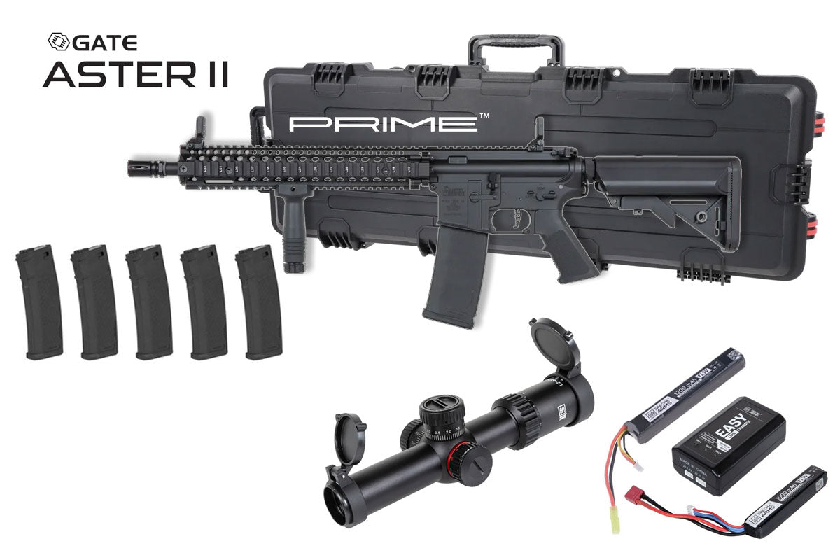 Specna Arms Daniel Defense MK18 SA-P26 Prime Premium Airsoft Bundle - Rifle, Optic, Batteries, Magazines and Case