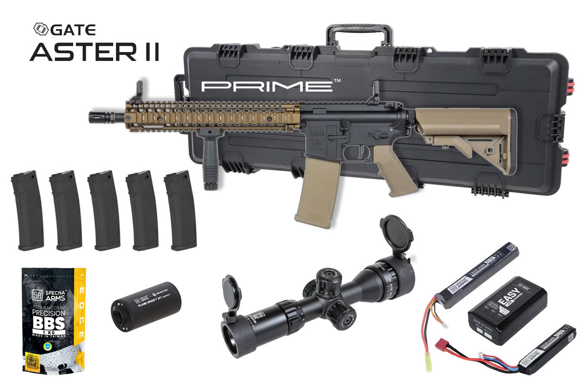 Specna Arms Daniel Defense MK18 SA-P26 Prime Premium Airsoft Bundle - Rifle, Optic, Batteries, Magazines and Case