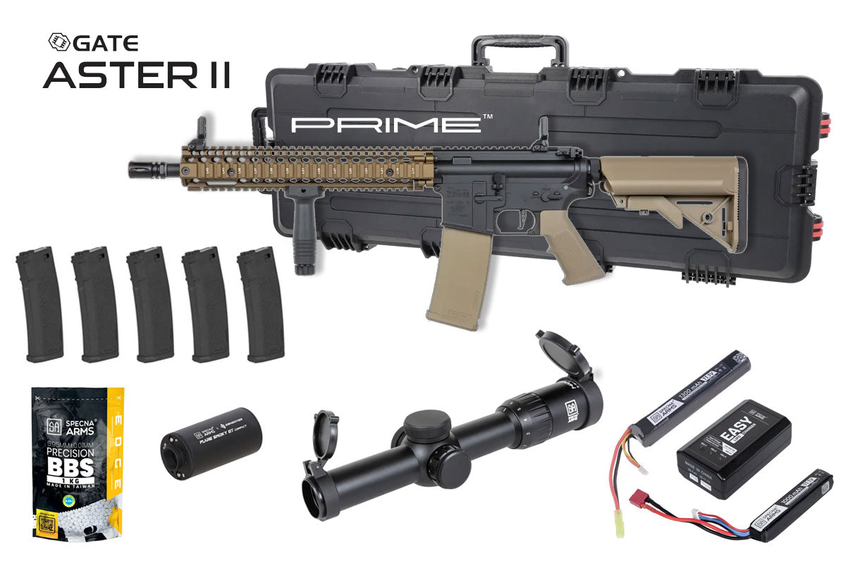 Specna Arms Daniel Defense MK18 SA-P26 Prime Premium Airsoft Bundle - Rifle, Optic, Batteries, Magazines and Case