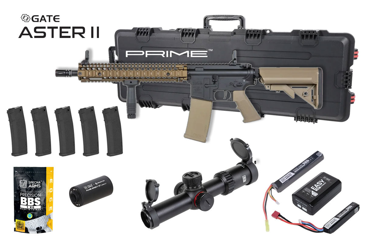 Specna Arms Daniel Defense MK18 SA-P26 Prime Premium Airsoft Bundle - Rifle, Optic, Batteries, Magazines and Case