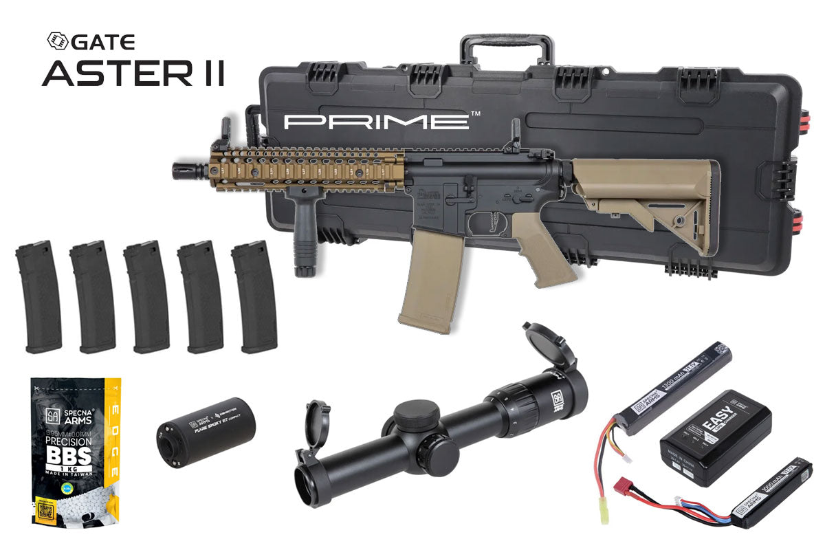 Specna Arms Daniel Defense MK18 SA-P19 Prime Premium Airsoft Bundle - Rifle, Optic, Batteries, Magazines and Case