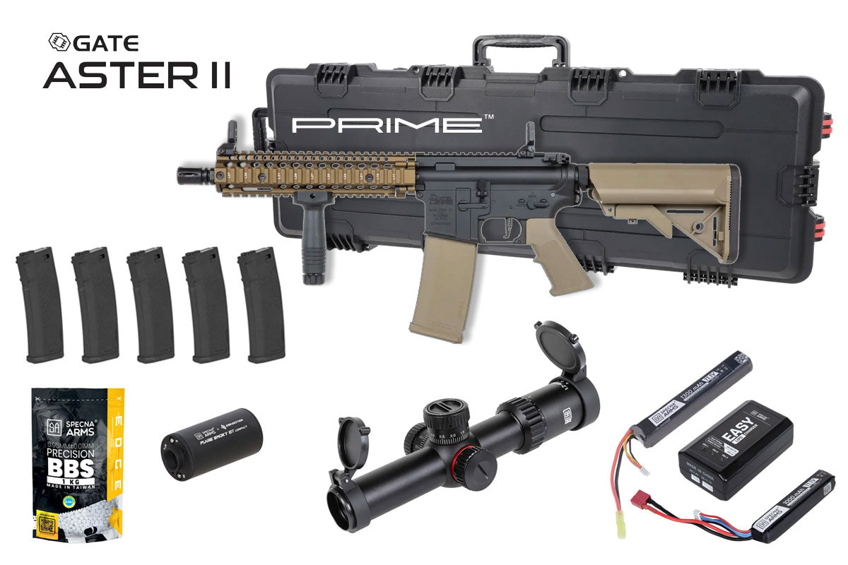 Specna Arms Daniel Defense MK18 SA-P19 Prime Premium Airsoft Bundle - Rifle, Optic, Batteries, Magazines and Case