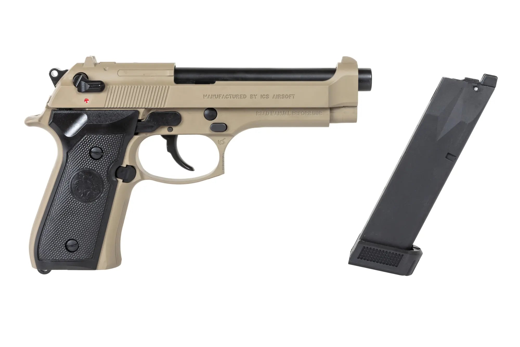 ICS BLE-BM9 Dual Power Half-Tan airsoft pistol (with CO2 magazine)-1