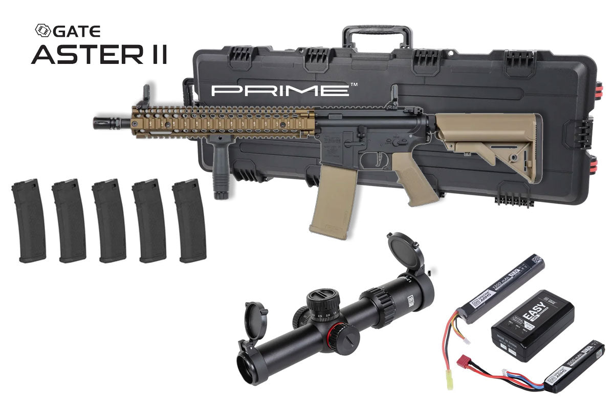Specna Arms Daniel Defense MK18 SA-P26 Prime Premium Airsoft Bundle - Rifle, Optic, Batteries, Magazines and Case