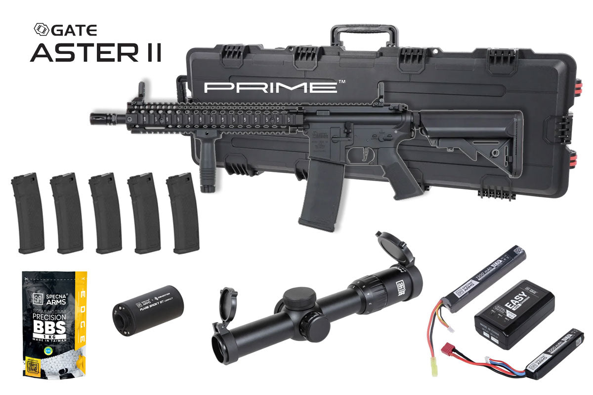 Specna Arms Daniel Defense MK18 SA-P26 Prime Premium Airsoft Bundle - Rifle, Optic, Batteries, Magazines and Case