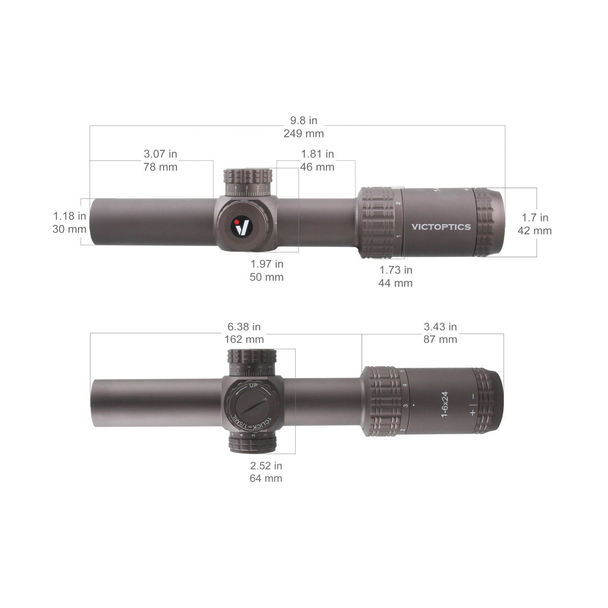 VictOptics LPVO Riflescope S6 1–6x24 plus One-Piece Mount - Brown