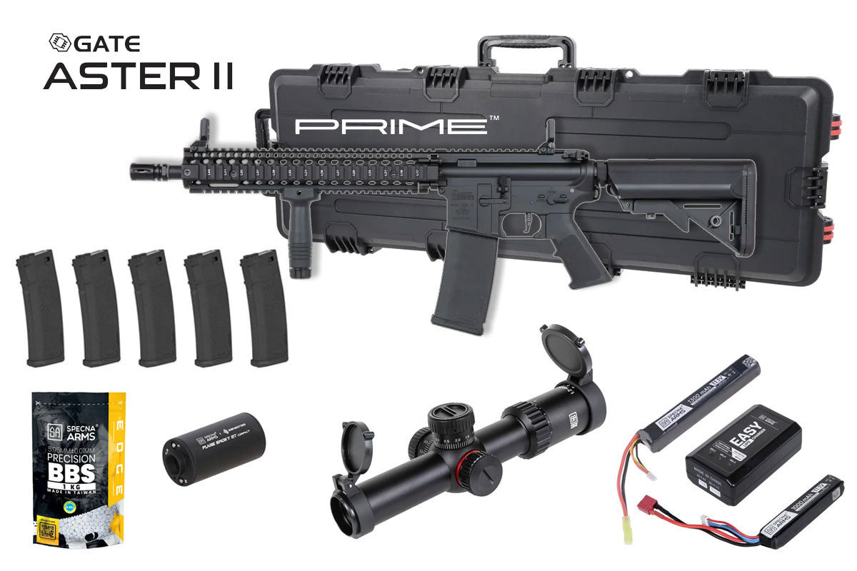 Specna Arms Daniel Defense MK18 SA-P26 Prime Premium Airsoft Bundle - Rifle, Optic, Batteries, Magazines and Case