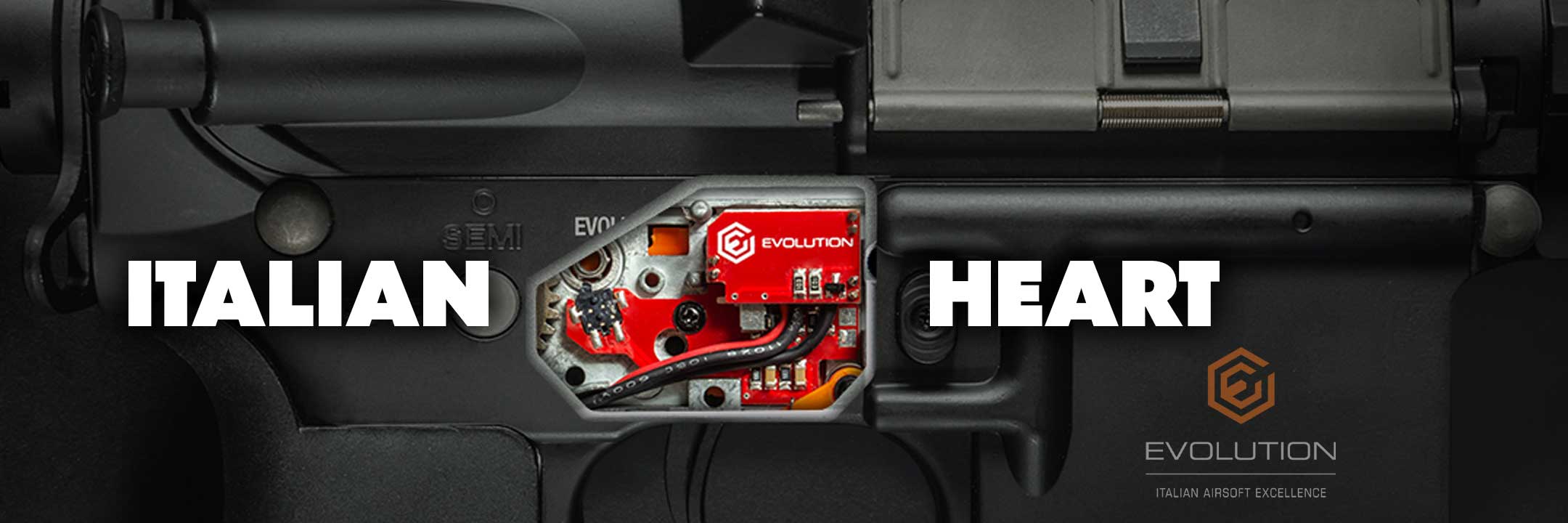 Close-up of a mechanical component with 'Evolution Airsoft' branding on a black background
