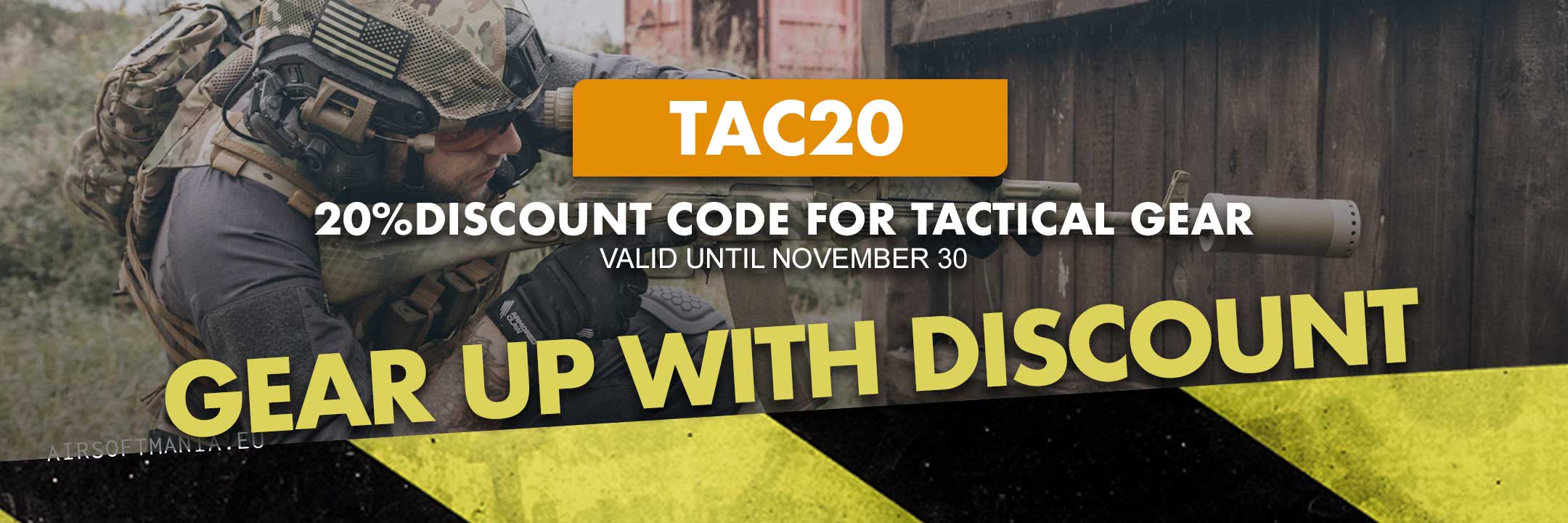 Promotional banner for TAC20 with discount code for tactical gear, valid until November 30.