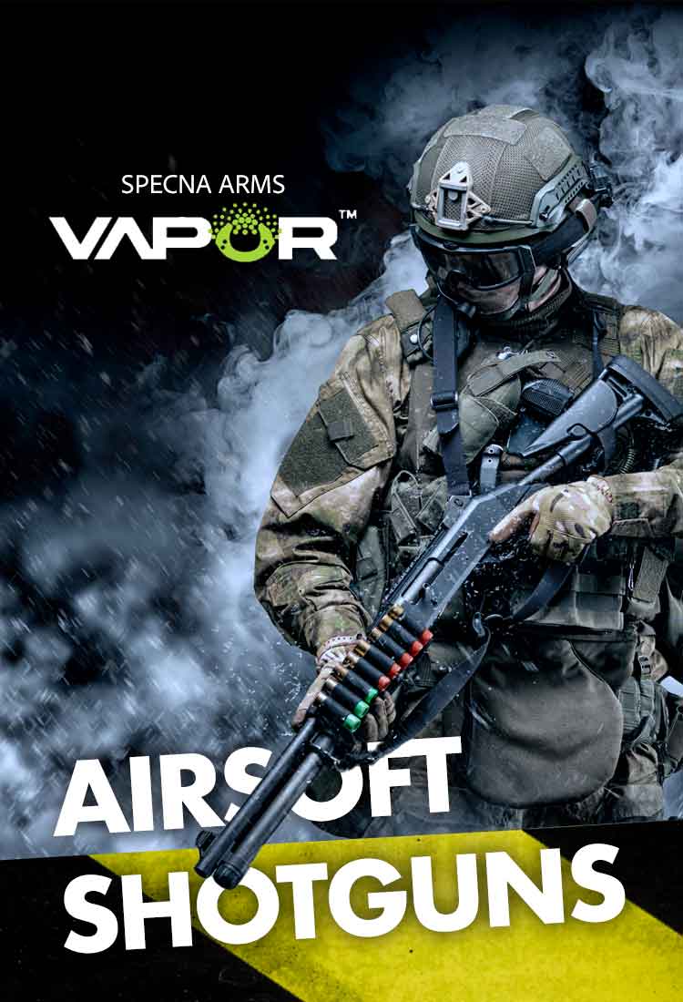 airsoft player in tactical gear holding an airsoft shotgun with 'Specna Arms Vapor' branding.