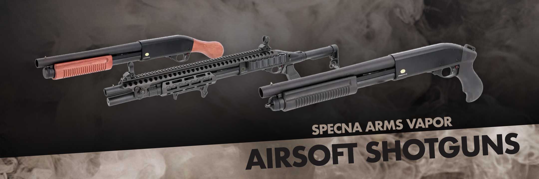 3 airsoft shotguns on a textured background with 'Specna Arms Vapor' branding.
