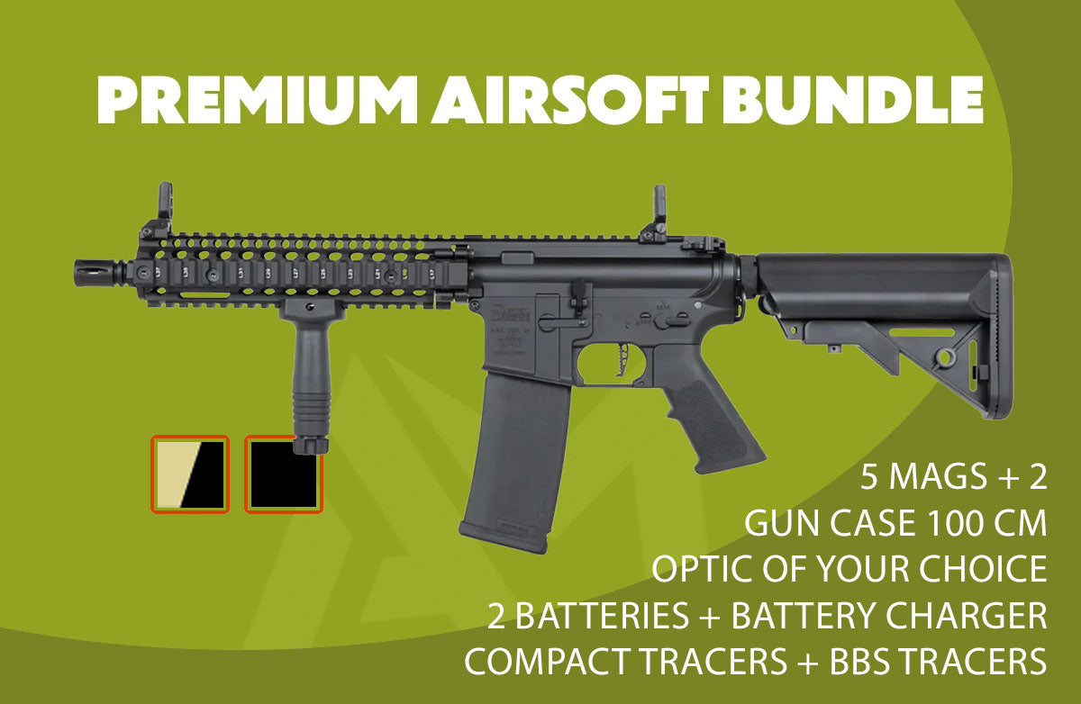 Specna Arms Daniel Defense MK18 SA-P19 Prime Premium Airsoft Bundle - Rifle, Optic, Batteries, Magazines and Case