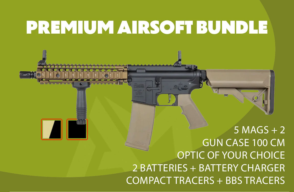 Specna Arms Daniel Defense MK18 SA-P19 Prime Premium Airsoft Bundle - Rifle, Optic, Batteries, Magazines and Case