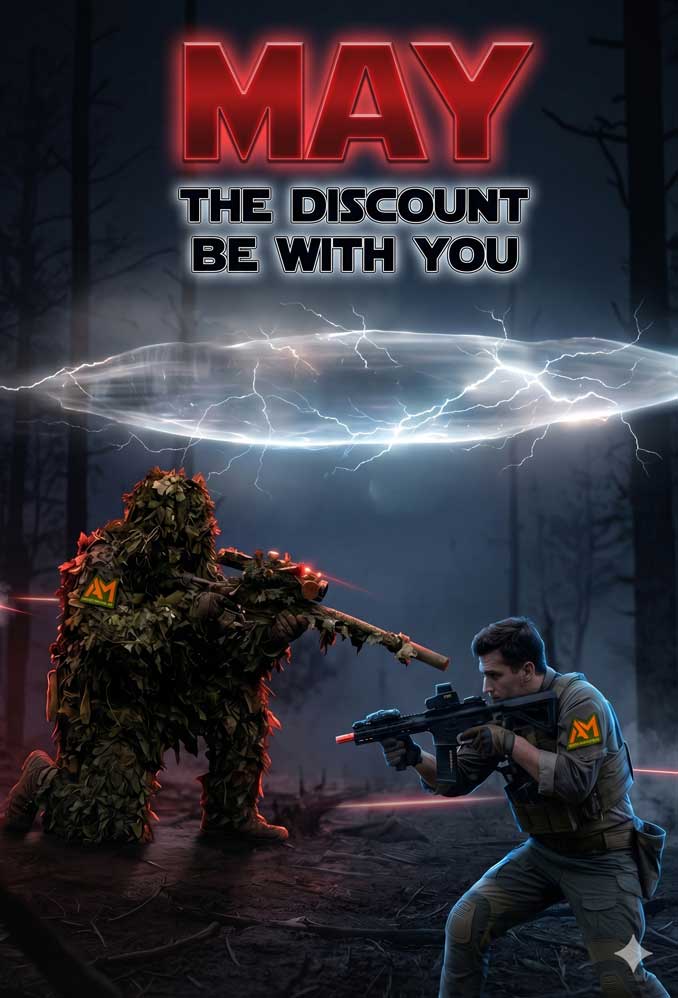 Two airsoft players in a forest with a glowing circle and 'May the discount be with you' text.