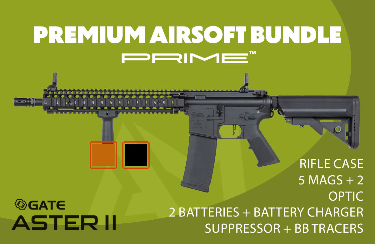 Specna Arms Daniel Defense MK18 SA-P26 Prime Premium Airsoft Bundle - Rifle, Optic, Batteries, Magazines and Case