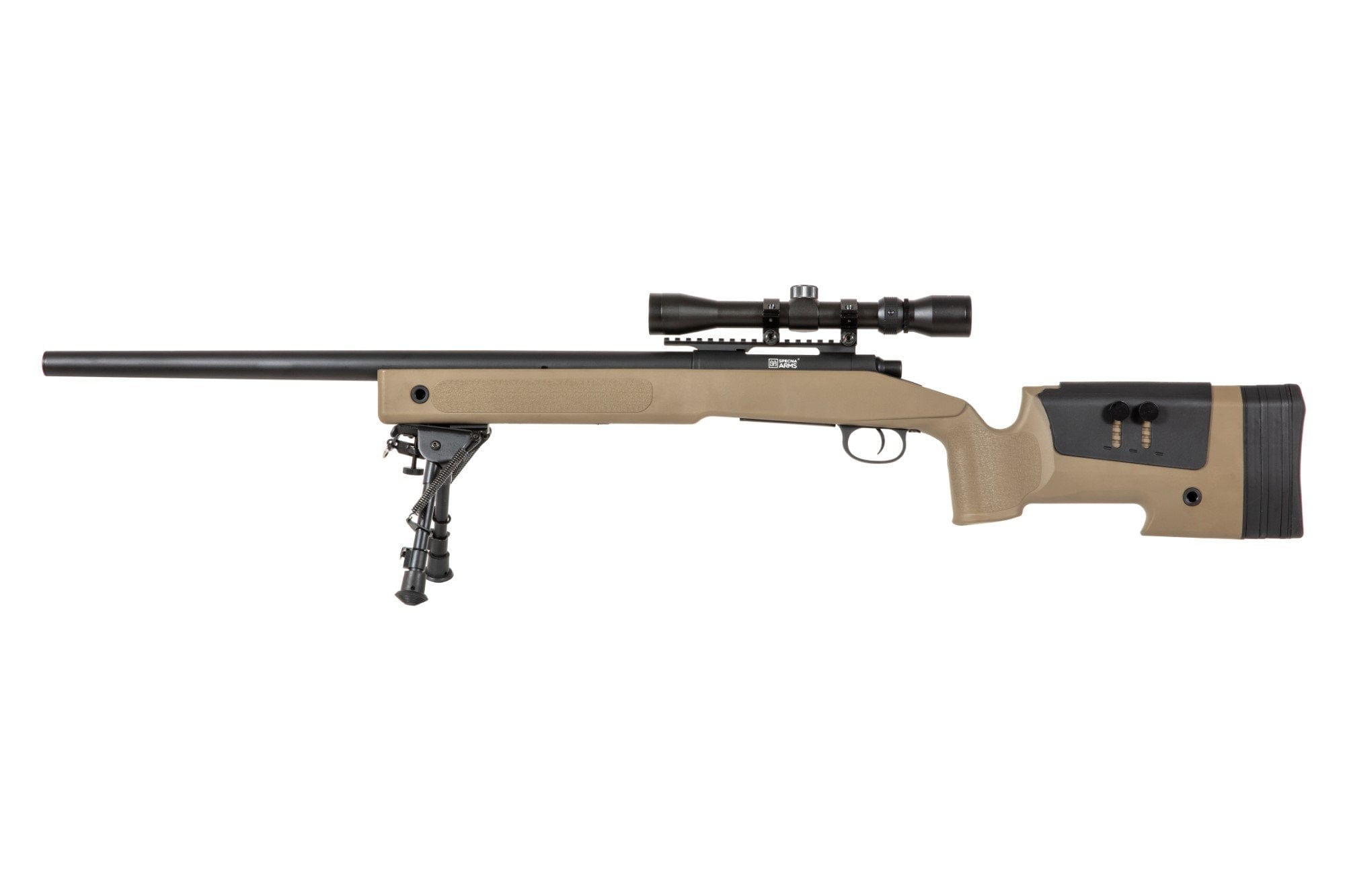SA-S02 CORE™ sniper rifle replica with bipod and scope - tan by Specna Arms on Airsoft Mania Europe