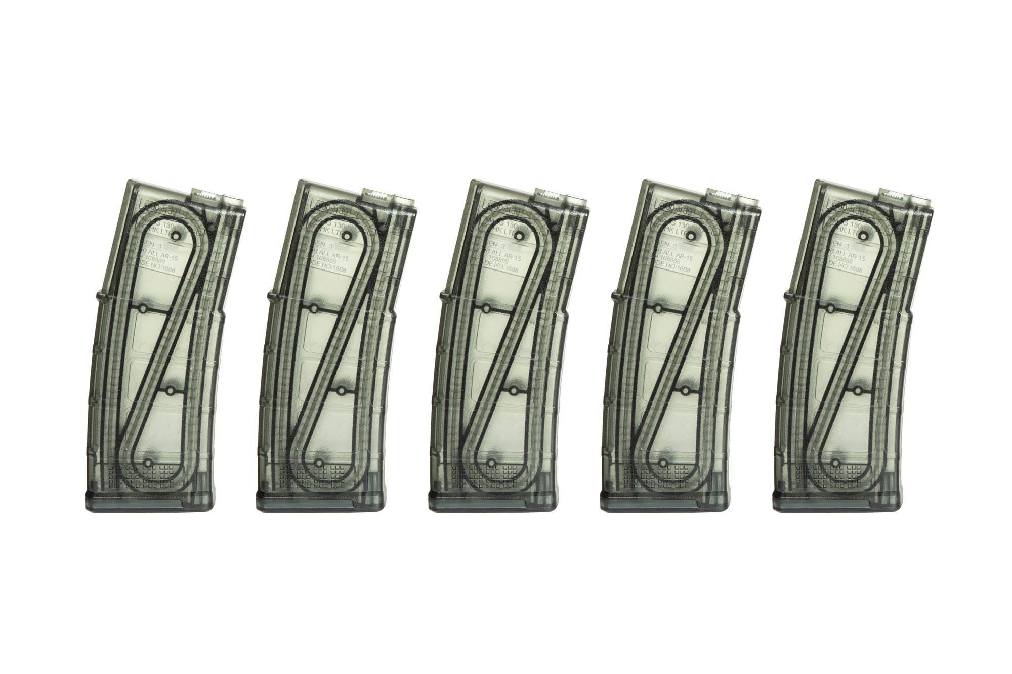 Set of 5 Mid-Cap 130BB M4 Magazines – Clear