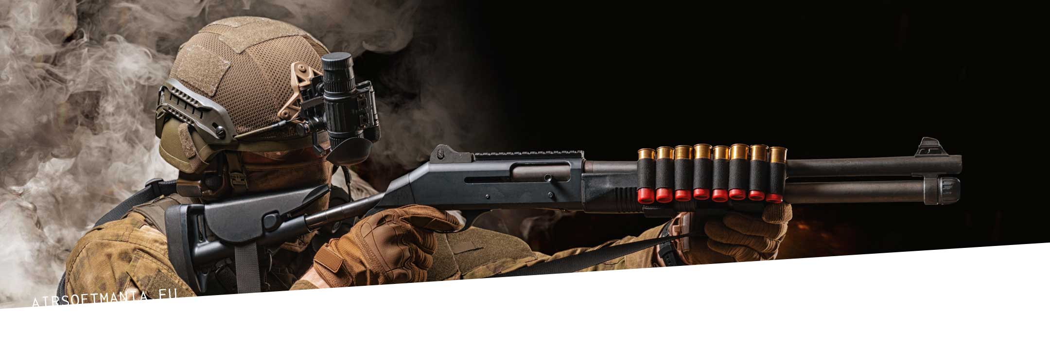 airsoft player armed with a pump-action airsoft shotgun pointing  