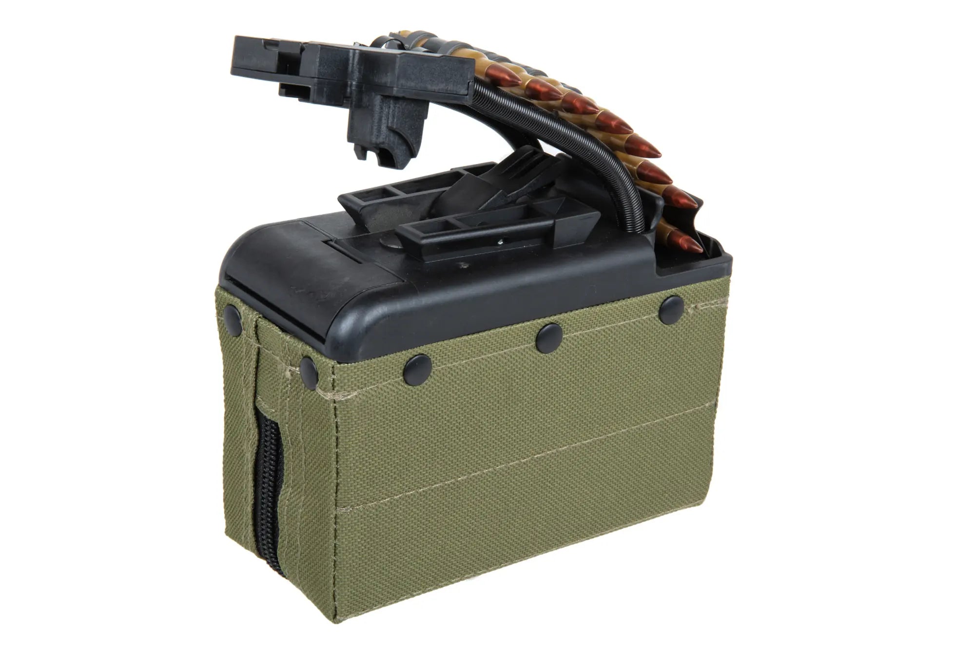 A&K electric box magazine for 2000 BBs for M249 type replicas with an imitation of ammunition in olive colour.