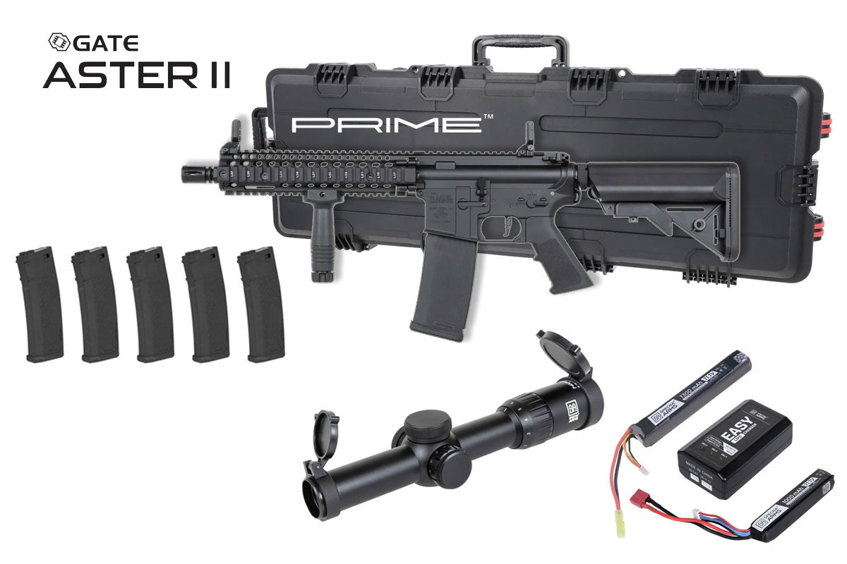 Specna Arms Daniel Defense MK18 SA-P19 Prime Premium Airsoft Bundle - Rifle, Optic, Batteries, Magazines and Case