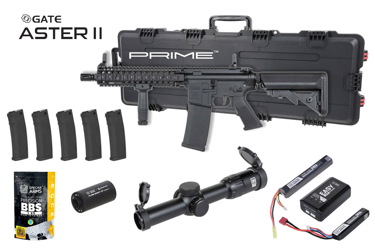 Specna Arms Daniel Defense MK18 SA-P19 Prime Premium Airsoft Bundle - Rifle, Optic, Batteries, Magazines and Case