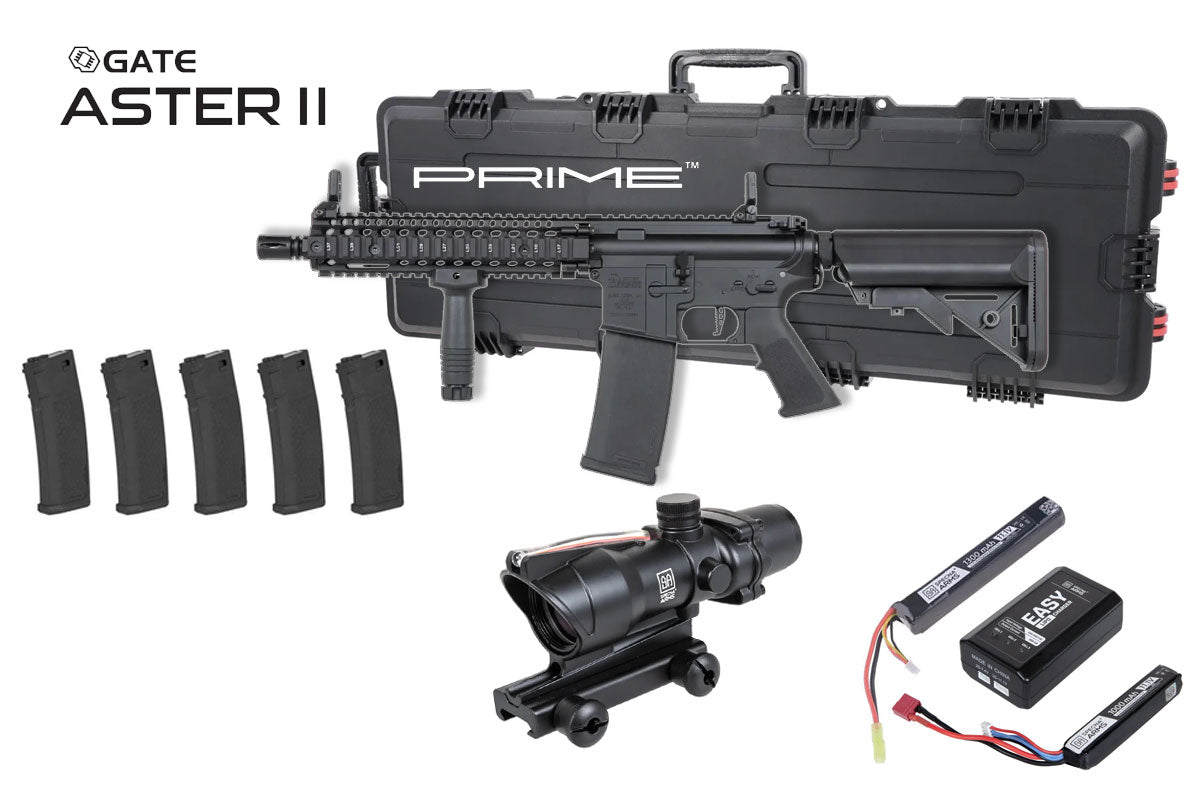 Specna Arms Daniel Defense MK18 SA-P19 Prime Premium Airsoft Bundle - Rifle, Optic, Batteries, Magazines and Case