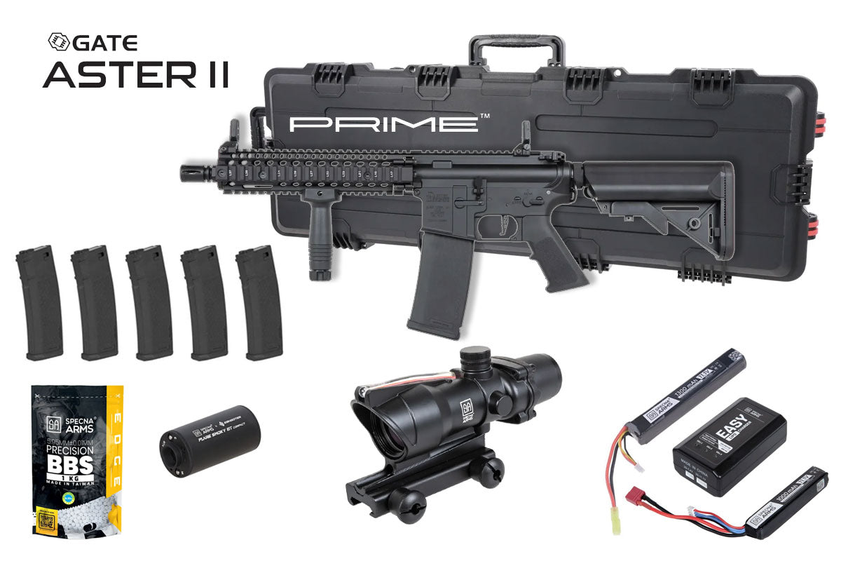 Specna Arms Daniel Defense MK18 SA-P19 Prime Premium Airsoft Bundle - Rifle, Optic, Batteries, Magazines and Case
