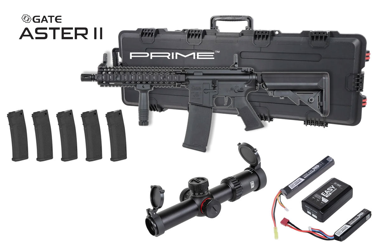 Specna Arms Daniel Defense MK18 SA-P19 Prime Premium Airsoft Bundle - Rifle, Optic, Batteries, Magazines and Case