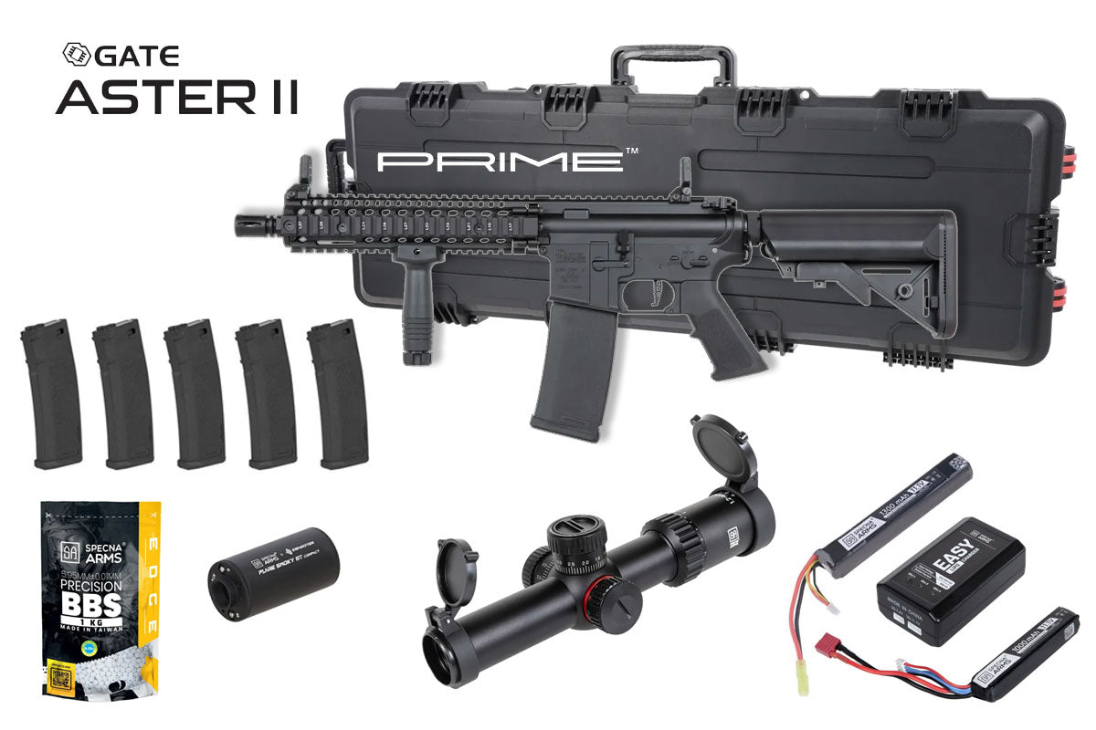 Specna Arms Daniel Defense MK18 SA-P19 Prime Premium Airsoft Bundle - Rifle, Optic, Batteries, Magazines and Case