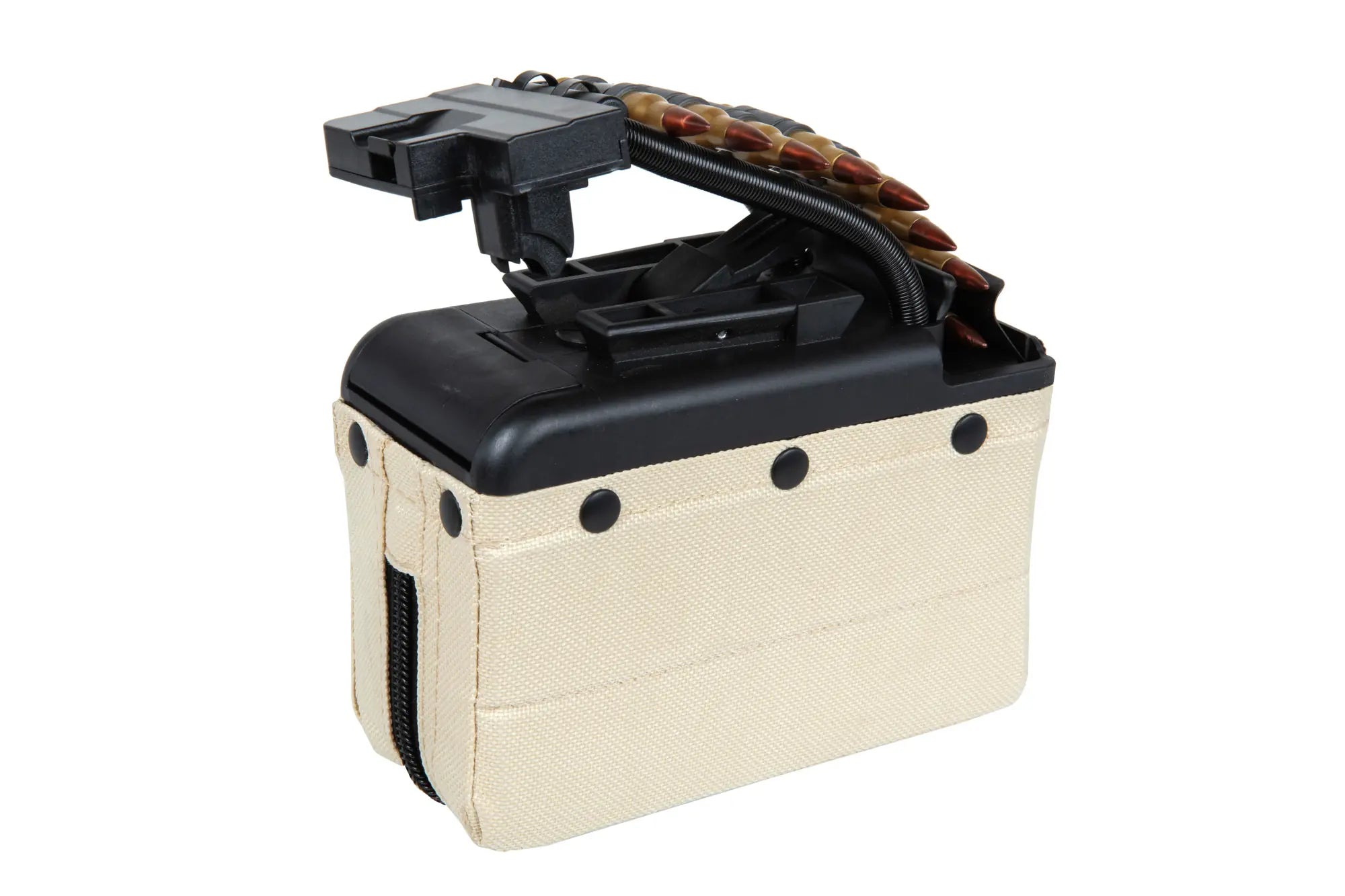 A&K electric box magazine for 2000 BBs for M249 type replicas with a tan ammunition imitation