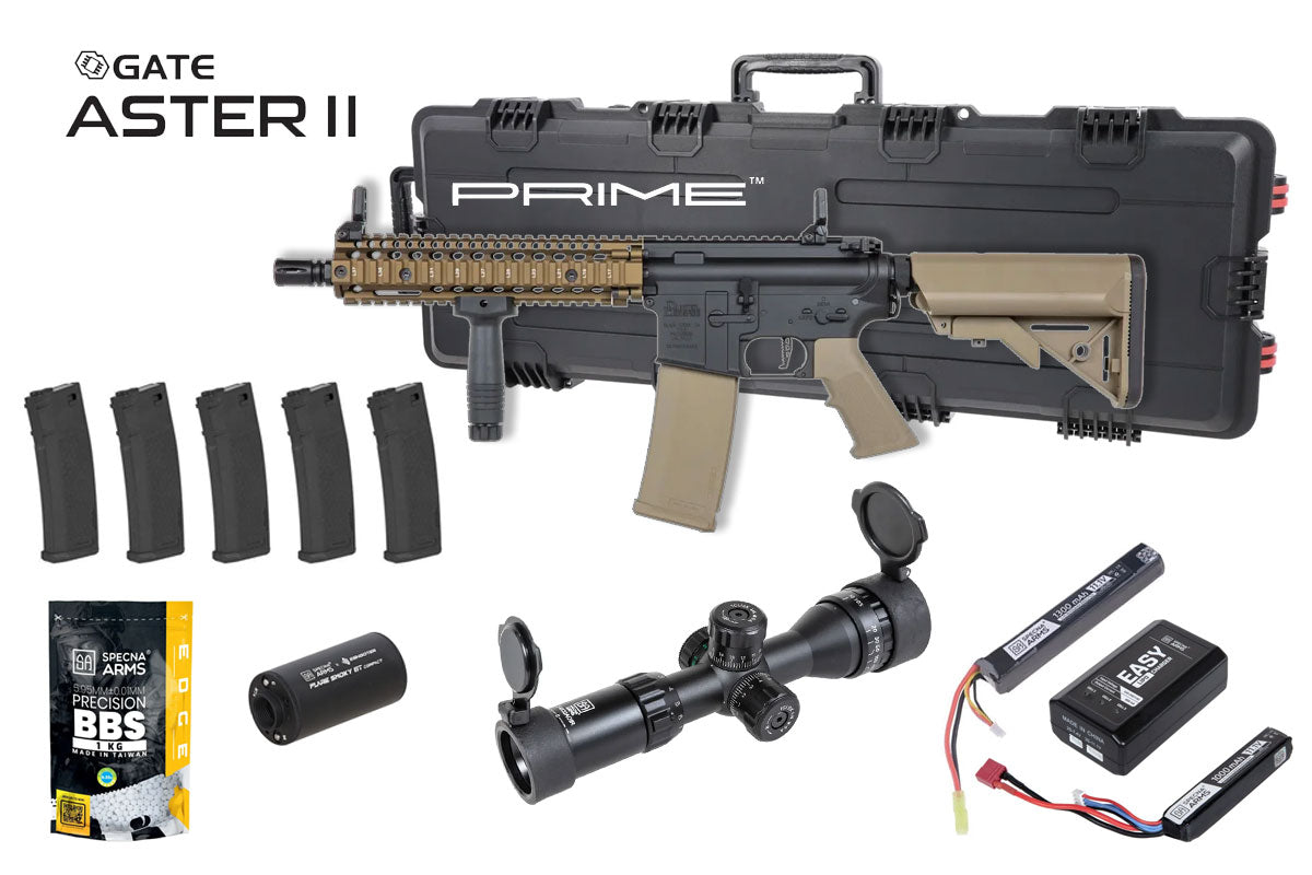 Specna Arms Daniel Defense MK18 SA-P19 Prime Premium Airsoft Bundle - Rifle, Optic, Batteries, Magazines and Case