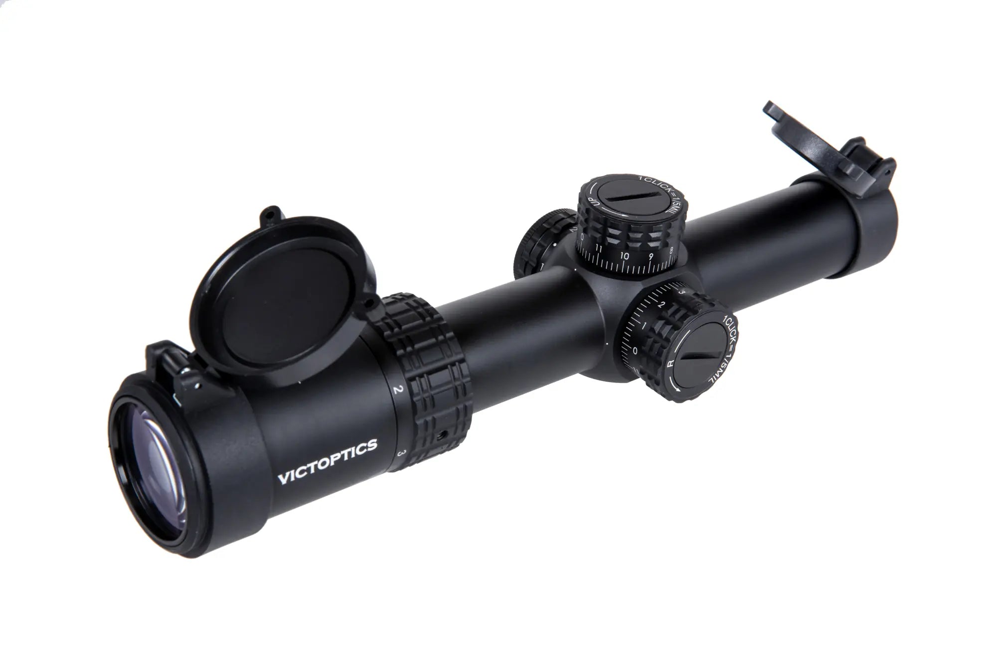 Image of a Vector Optics S6 1-6x24i Fiber telescope with illuminated red crosshairs, made of metal with a 1-6x magnification range. Includes RIS/Picatinny rail mount, rubber glass covers, and adjustment rings with quick return to zero settings. Features a 24mm objective diameter, 30mm barrel diameter, FMC coating, aircraft aluminum housing, and nitrogen filling. Waterproof and shockproof construction with included scope cover, mounting rings, manual, cleaning cloth, and tools.