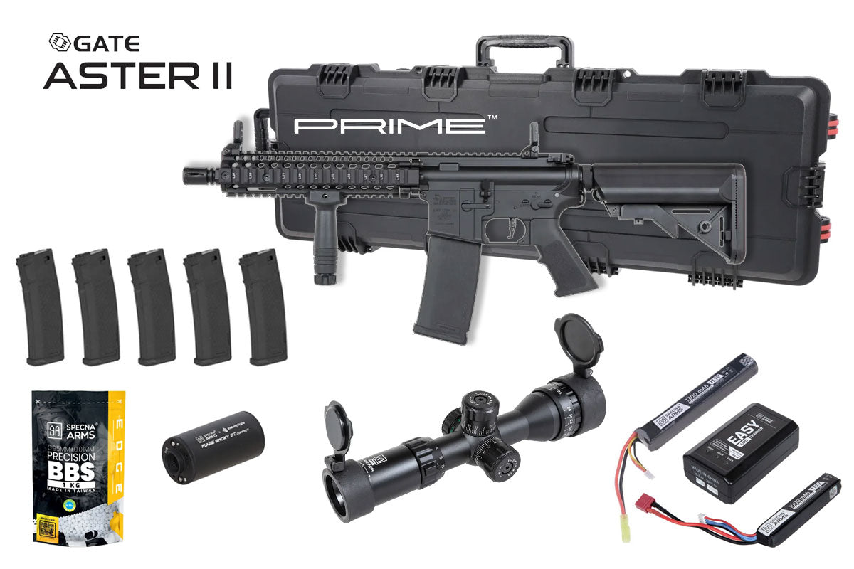 Specna Arms Daniel Defense MK18 SA-P19 Prime Premium Airsoft Bundle - Rifle, Optic, Batteries, Magazines and Case