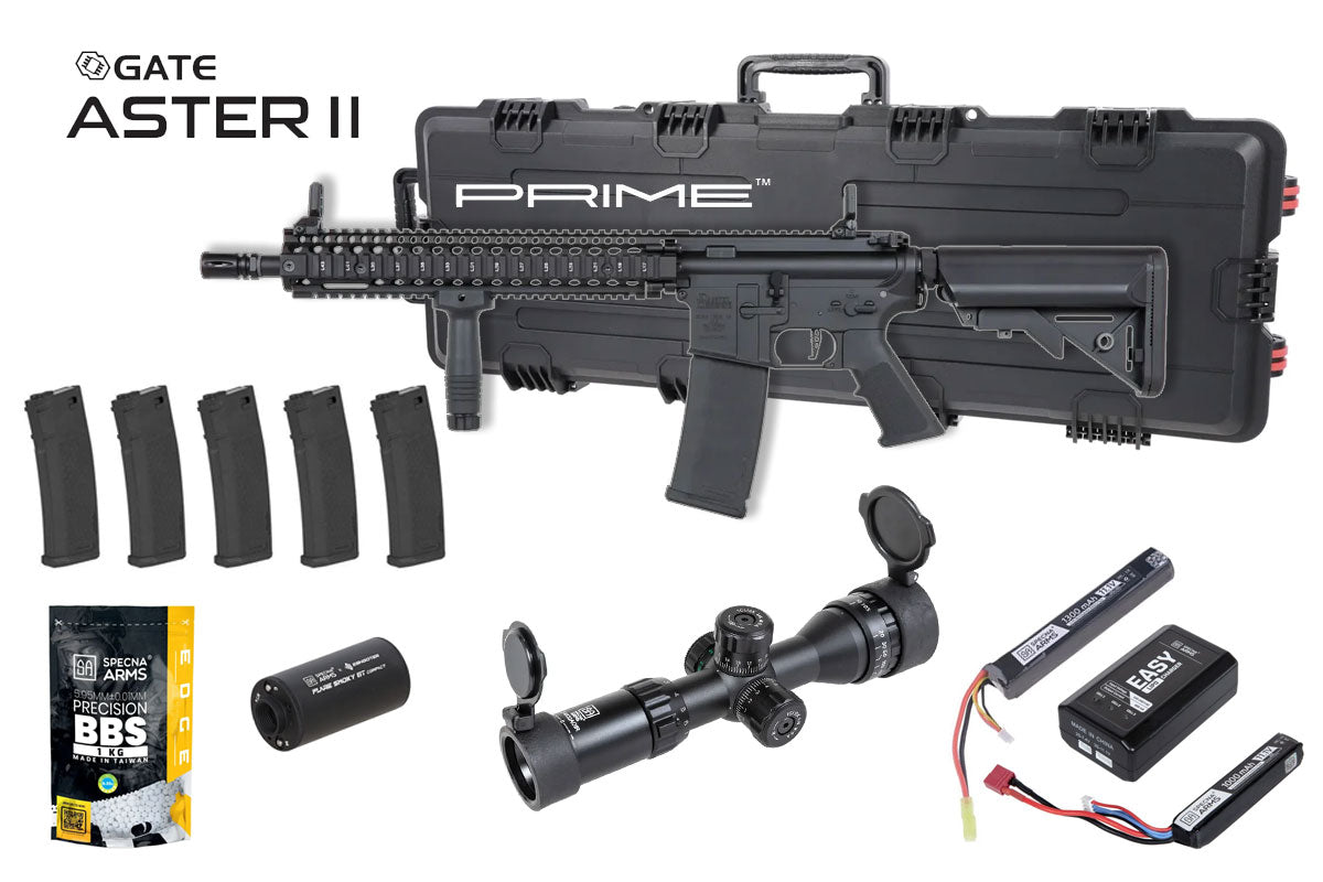 Specna Arms Daniel Defense MK18 SA-P26 Prime Premium Airsoft Bundle - Rifle, Optic, Batteries, Magazines and Case