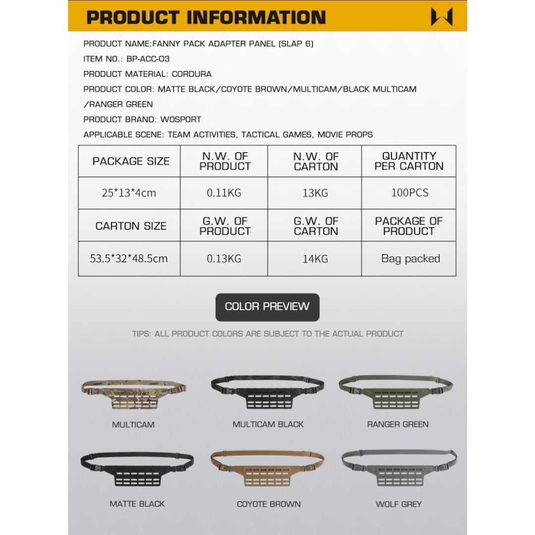 WST Fanny Pack Molle Adapter Panel , Large (6 Rows) - Black Home > All products > Airsoft equipment and guns cases > Pouches, pockets, discarders Wosport