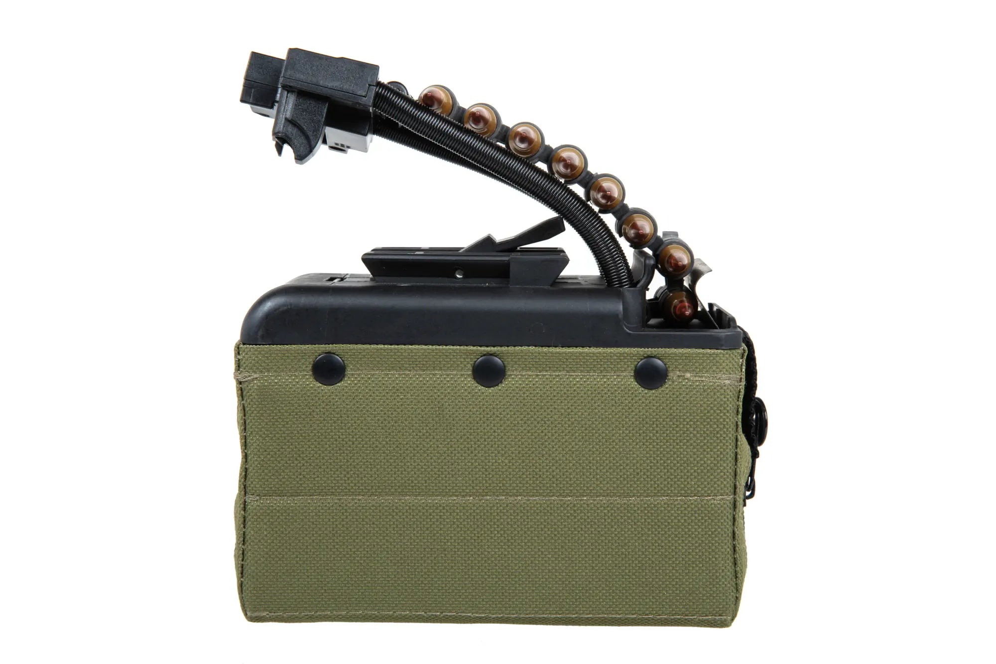 A&K electric box magazine for 2000 BBs for M249 type replicas with an imitation of ammunition in olive colour.-1