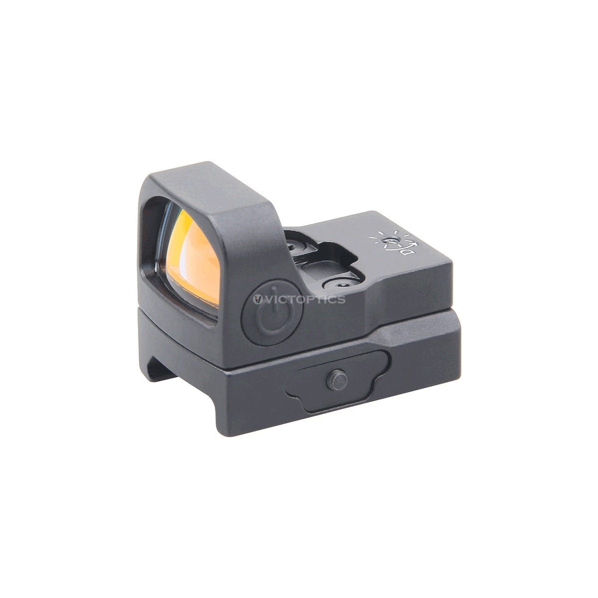 Gray reflex sight with yellow lens on a white background
