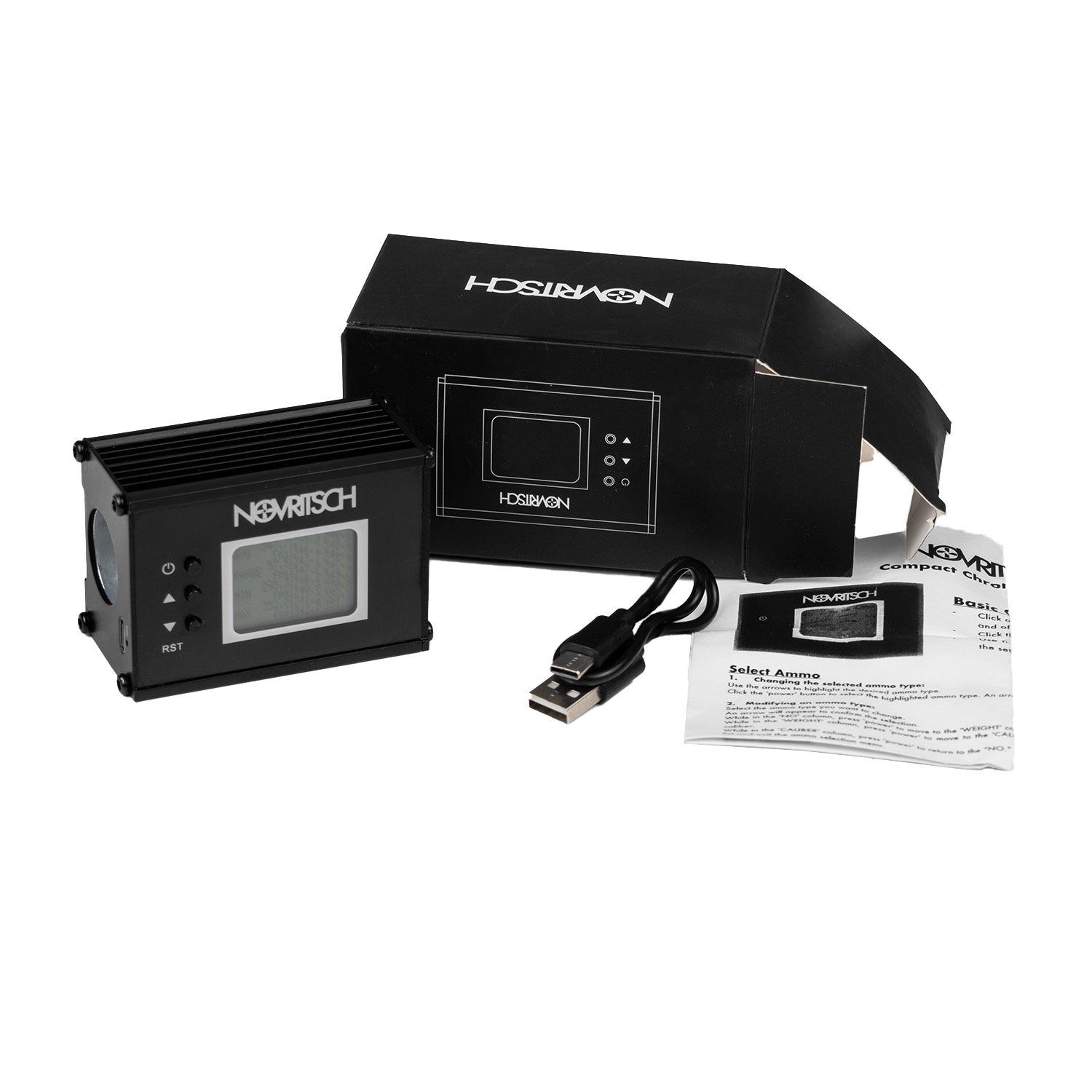 Hormittsch electronic device with packaging, USB cable, and user manual on a white background