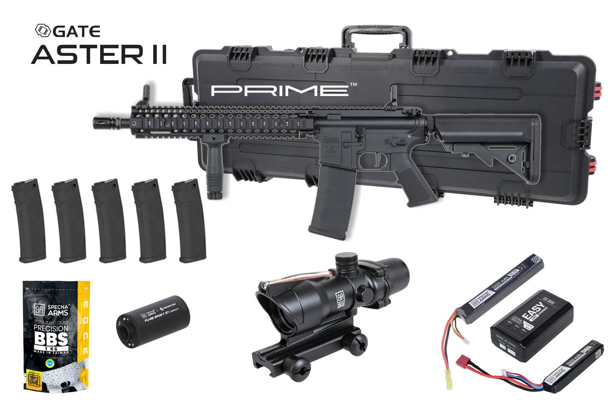 Specna Arms Daniel Defense MK18 SA-P26 Prime Premium Airsoft Bundle - Rifle, Optic, Batteries, Magazines and Case