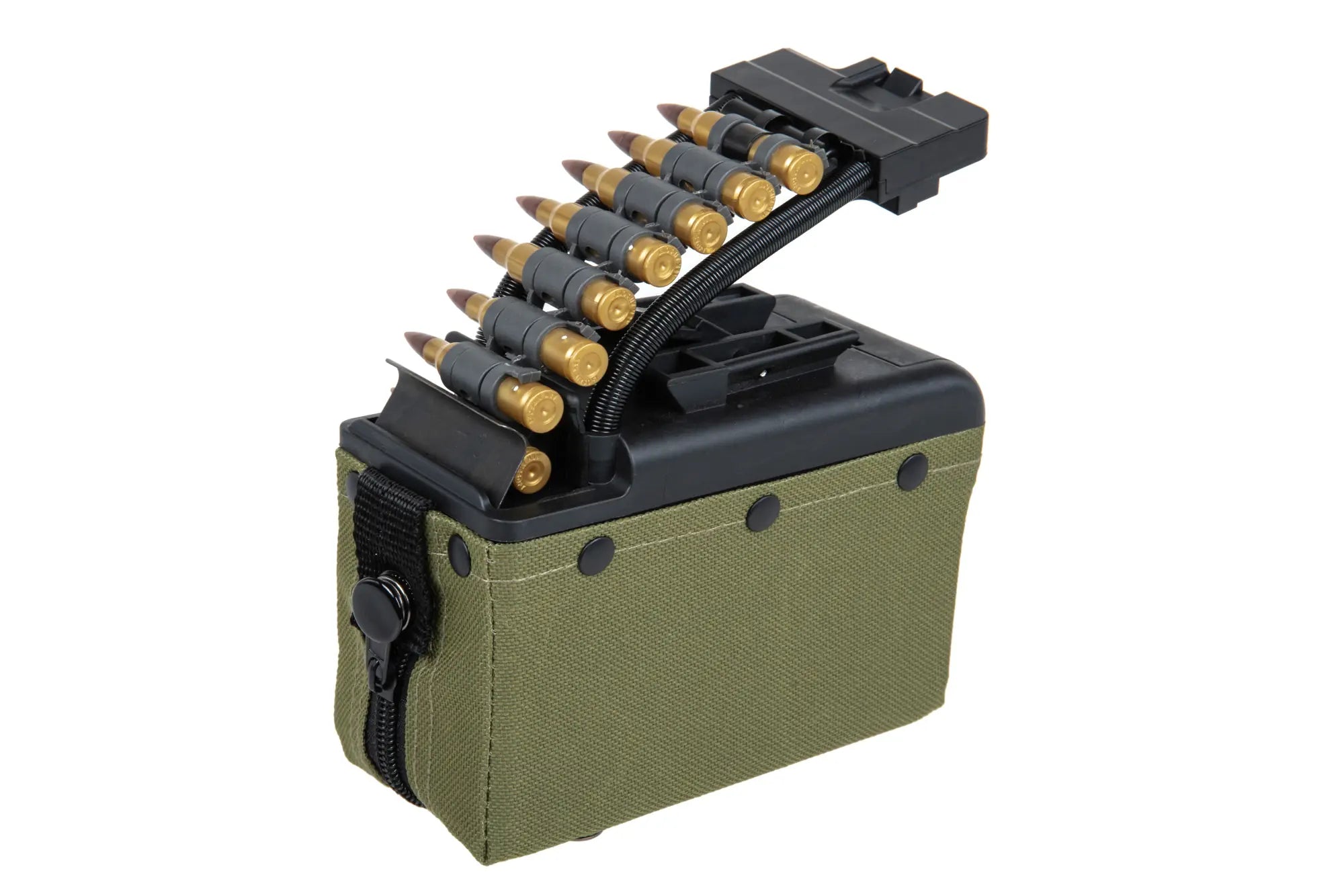 A&K electric box magazine for 2000 BBs for M249 type replicas with an imitation of ammunition in olive colour.-2