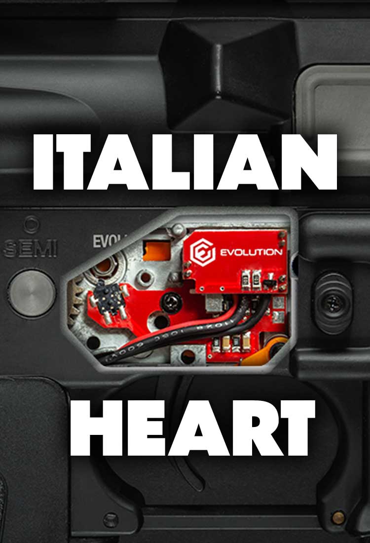 Close-up of a mechanical component with 'Evolution' branding and text 'ITALIAN HEART' on a black background.