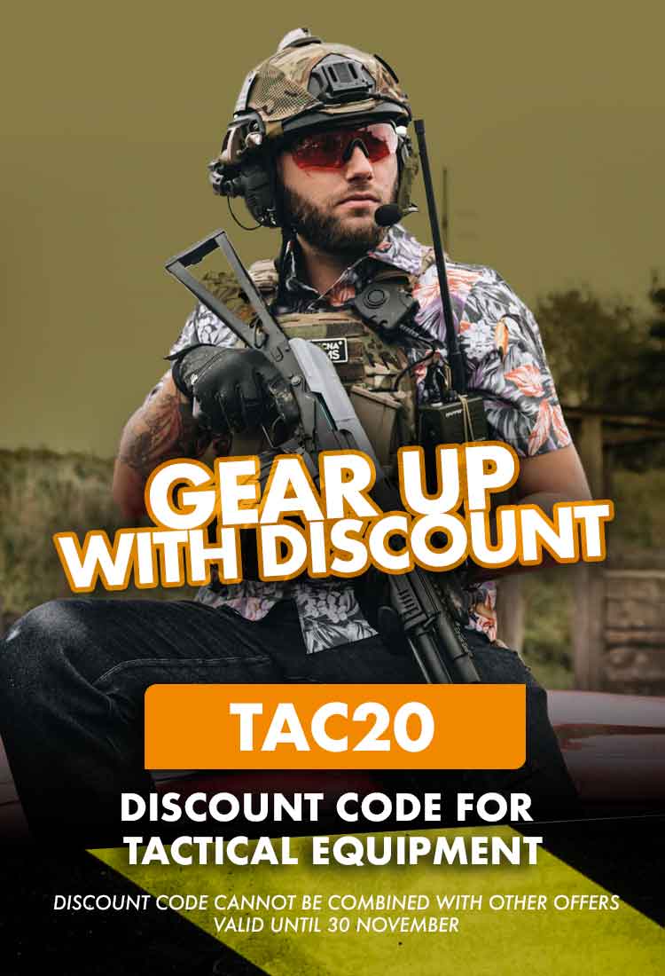 Person in tactical gear with text promoting a discount code for tactical equipment.