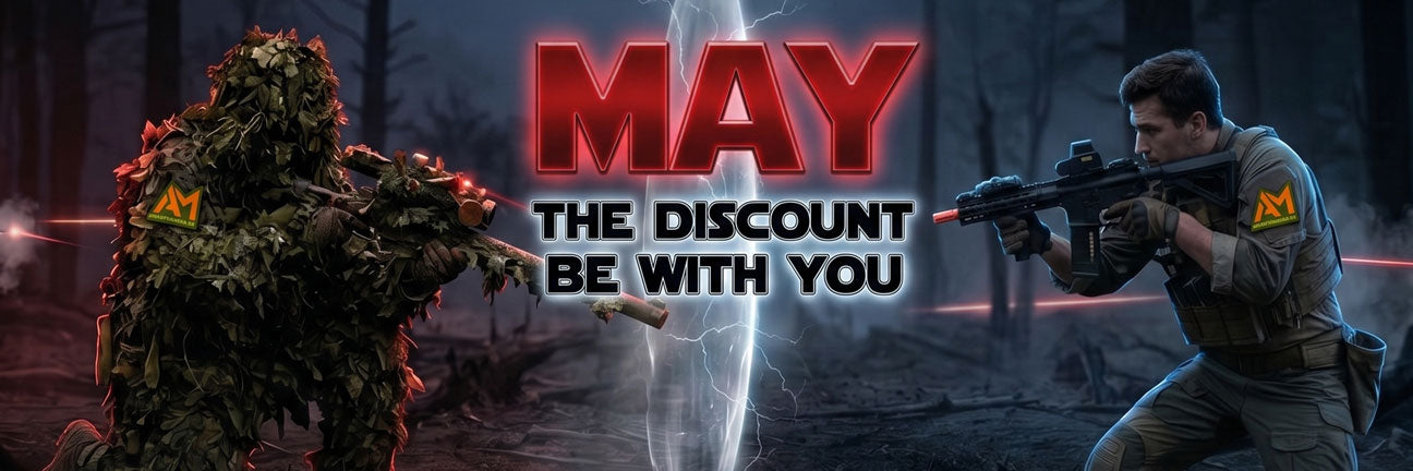 Two soldiers in a forest setting with 'May the discount be with you' text overlay.