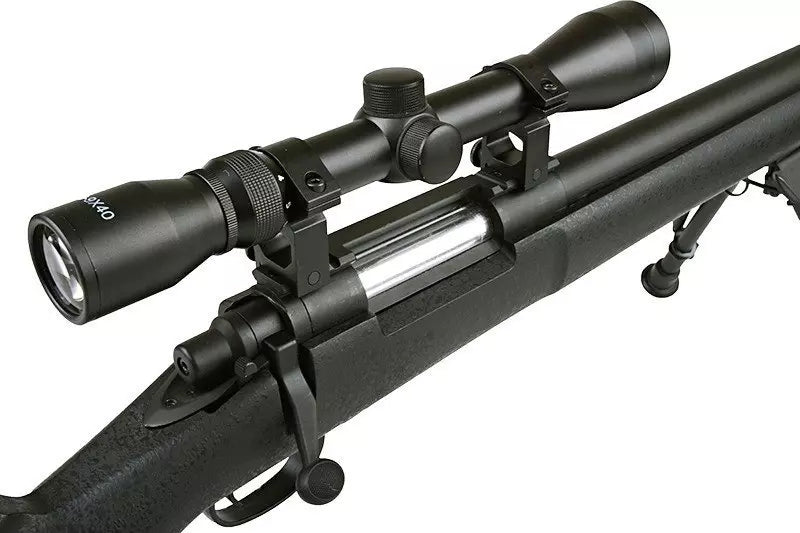 spring loaded bolt action sniper with optics