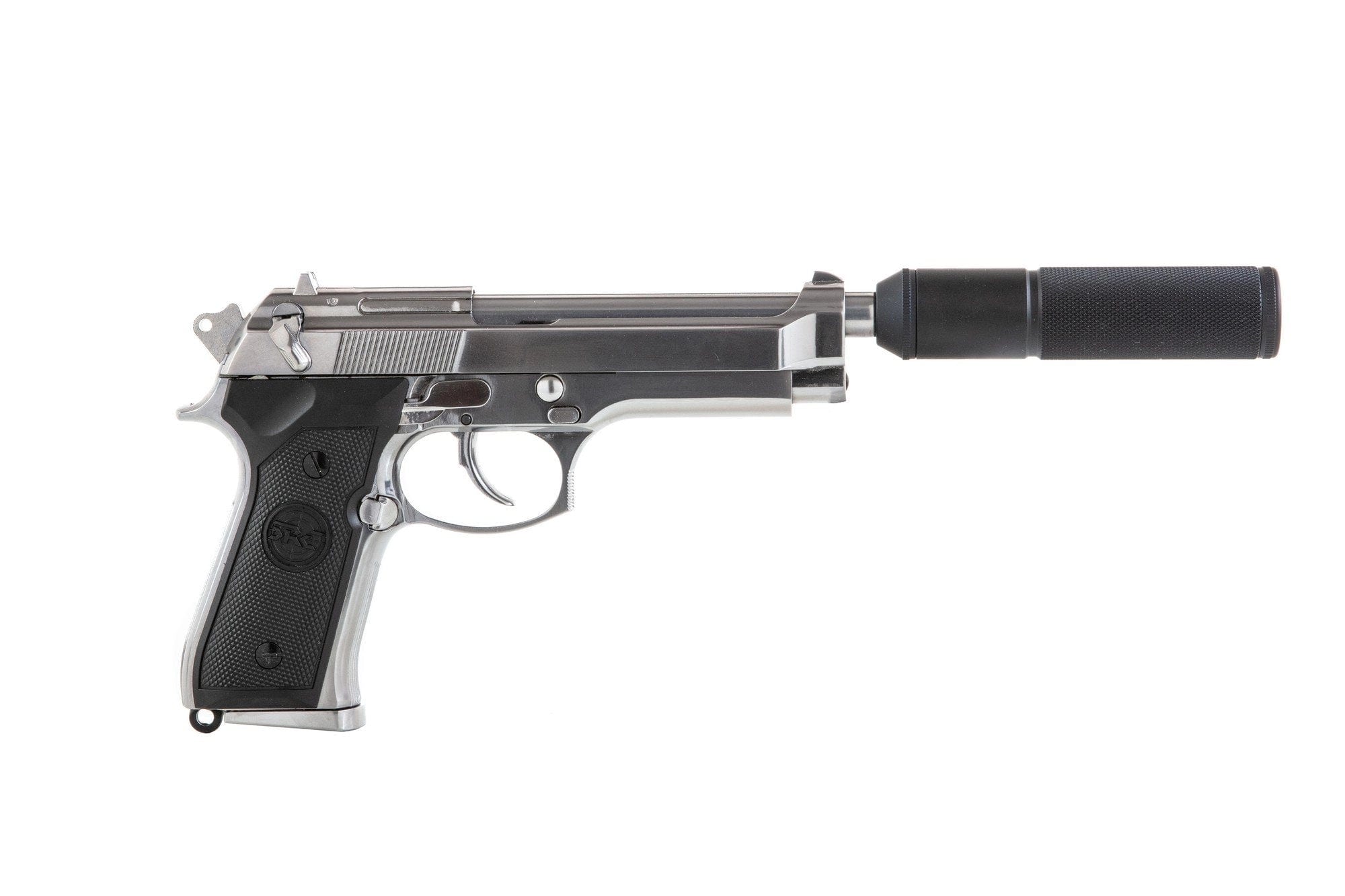 SR92 Pistolenreplik mit Schalldämpfer - silber